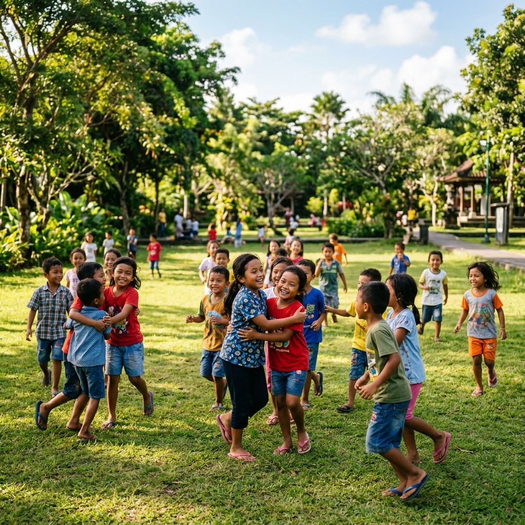 Banyak anak kecil bahagia bermain di taman